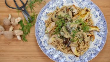 Kalkoenlapje met shiitake, volkoren pasta  en een lichte dragon-roomsaus