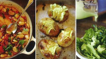 Aardappel in de schil, godinnensalade en boontjes met spek