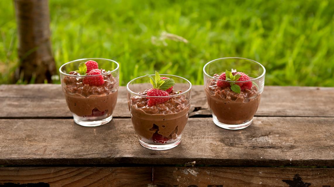 Chocoladerijstpap met zelfgeplukte frambozen